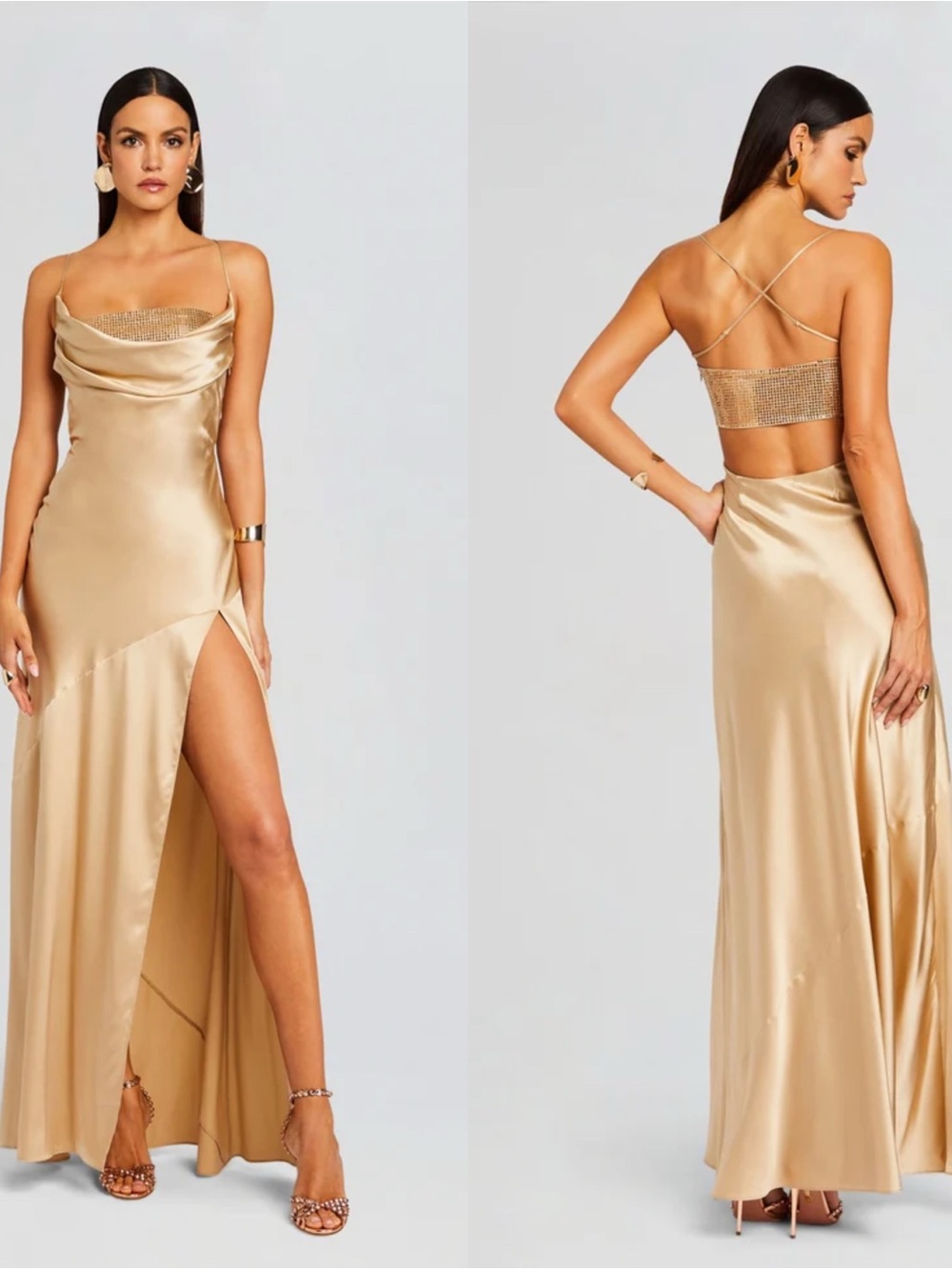 Retrofete Emery Silk Embellished Gold Crystal Maxi Dress
